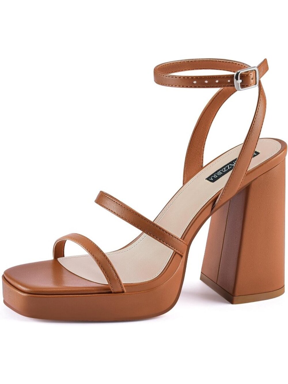 Women's Brown Faux Leather Chunky Block Heel Square Open Toe Two Strap Heels